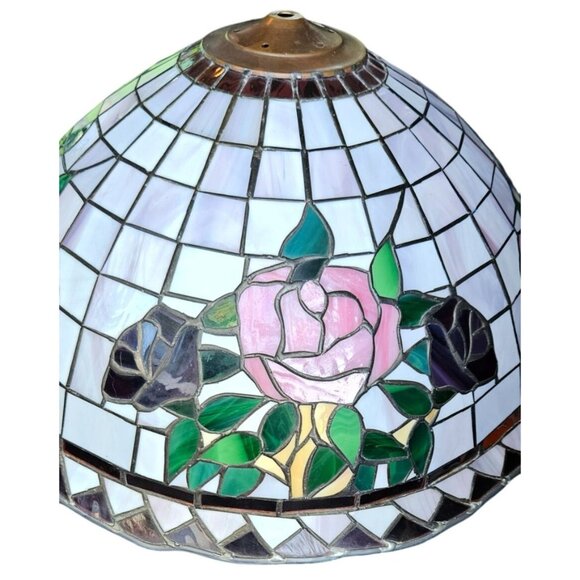 Vintage Light Pendant Tiffany-Style Stained Leaded Glass Floral Brass 21" Dia - Picture 9 of 13